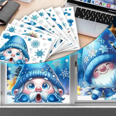 Productafbeelding van Kerstdecoraties voor ramen, 9 vellen, blauw, kaboutermotieven, dubbelzijdig, PVC, zelfklevend