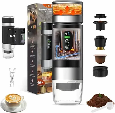Produktbild von Tragbare Espressomaschine 3-in-1, elektrische Reisekaffeemaschine mit Akku, 12V, kompatibel mit Kapseln und gemahlenem Kaffee, Schwarz