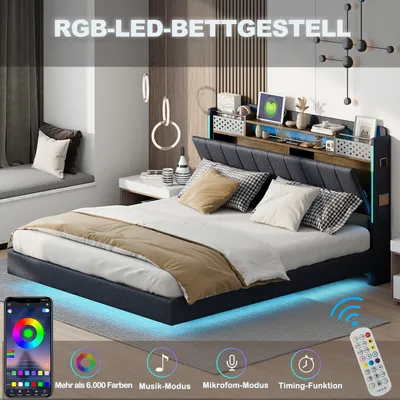 Obrázek produktu pro okwish Polstrovaná postel 140×200 s USB a LED,manželská postel s úložným prostorem a kapsou na mobilní telefon, funkční čelo postele, šedá,bez matrace