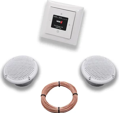 Produktbild von Busch Jäger DAB+ (DAB PLUS) Unterputz Radio 8215U-101 Balance SI Alpinweiß, Komplett-Set mit 2 x Decken Feuchtraumlautsprecher/Badezimmer + 20 m Lautsprecherkabel 2x0,75 mm2 8215 U - 101