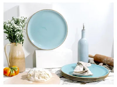 Produktbild von Vintage Nature Aqua, 4-teiliges Geschirrset für 4 Personen, Pizzateller aus Porzellan, spülmaschinen- und mikrowellengeeignet, hergestellt in Europa