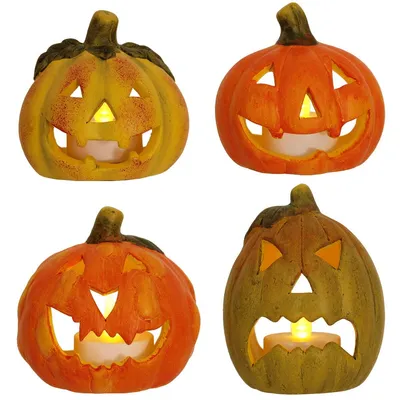 Produktbild von Kleine LED Kürbis-Laternen im 4er Set Halloween-Deko Windlichter