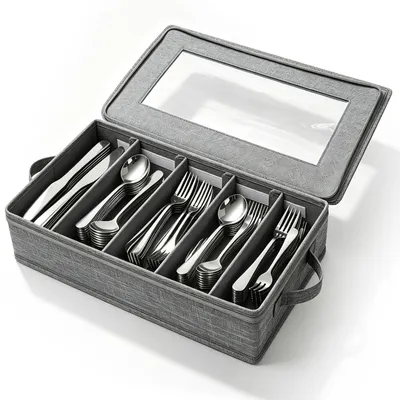 Besteckbox mit Deckel, 5 Fächer, 43x26x10 cm, lichtgrau