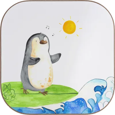 Produktbild von Mr. & Mrs. Panda Tassenuntersetzer Pinguin Surfer - Weiß - Geschenk, Portugal, Urlaub, Optimistisch, Untersetzer Glas, Tischuntersetzer, Wellen, Holzuntersetzer, Hawaii