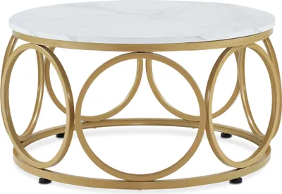 Produktbild von M MCombo Couchtisch Rund Holz, Modern Sofatisch Marmor Weiß Gold, Klein Kaffeetisch Metallgestell, Beistelltisch für Wohnzimmer, Durchmesser 80cm, 2102