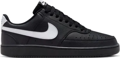 A studio shot of a black Nike sneaker with a white swoosh logo.