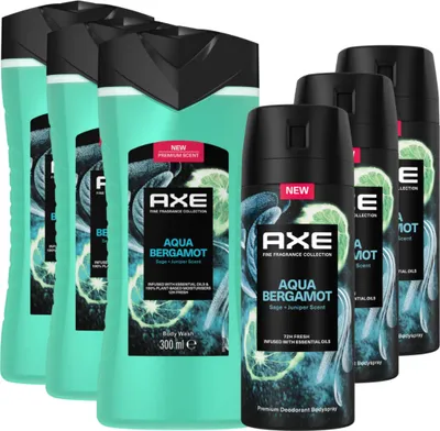 Produktbild von AXE Fine Fragrance Collection Bodyspray und Duschgel Aqua Bergamot Bodywash Deo mit 2x mehr Frische-Booster 6 Stück (2x3)