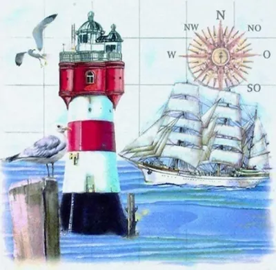 Produktbild von 20 Servietten Lighthouse & Compass - Segelschiff an Leuchtturm 33x33cm