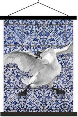 Produktbild von MuchoWow® Textilposter Schwan - Kunst - Delfter Blau - Malerei - Alte Meister 40x53 cm mit schwarzem Rahmen - Abbildung