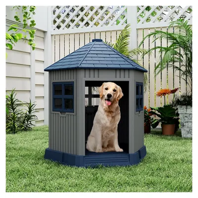 Produktbild von Hundehütte für den Außenbereich, Katzenhaus für draußen, winterfestes Hundehaus aus PP, Haustierhaus mit großem Eingang, 2 Fenstern & Schrägdach, scheunenförmig, für mittelgroße und große Hunde sowie Katzen, Grau