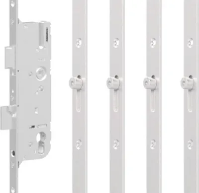 A white metal door lock mechanism and several locking bars are displayed against a white background.
