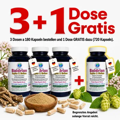Produktbild von Baldrian Hopfen & Melisse 720 (4x180) Pulver Kapseln. Nerven Beruhigung + Entspannung & schöner Schlaf + Gute Nacht. Natur pur - ohne Zusatzstoffe.