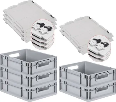 Produktbild von SuperSparSet 5x Eurobox NextGen Economy mit Scharnierdeckel und schwarzen Schiebeschnappverschlüssen | Griffe offen | HxBxT 12x30x40cm | 11 Liter | Eurobehälter, Transportbox, Transportbehälter, Stapelbehälter