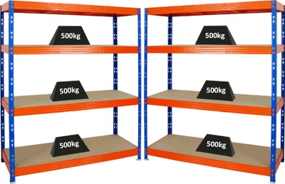 Zdjęcie produktu dla Mega Deal | 2x profesjonalne regały do dużych obciążeń Rhino | wys. x szer. x gł. 180x160x60 cm | 4 poziomy płyty wiórowej 8 mm | obciążenie półki 500 kg | niebiesko-pomarańczowy