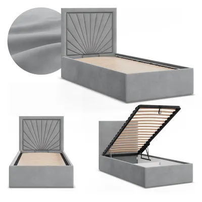 Produktbild von Polsterbett VASTO 90x200 mit Bettkasten und hochklappbarem Metall-Lattenrost, Einzelbett mit Kopfteil Grau