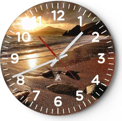 Produktbild von Wanduhr - Rund - Glasuhr - Strand Wolken Abend Küste - 30x30cm - Schleichendes Uhrwerk - Lautlos - zum Aufhängen bereit - Dekoration Modern - Wanddekoration aus Glas - C4AR30x30-2527