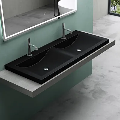 Produktbild von Mai & Mai Einbau-Waschbecken Waschtisch 2 Becken Mineralguss rechteckig 2 Armaturenlöcher Überlauffunktion BxTxH 120x48x12 cm Schwarz Col03