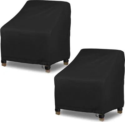 Two black outdoor chair covers are shown against a white background.