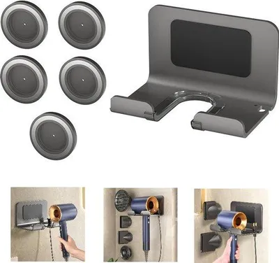 Produktbild von Haardrogerstandaard, wandmontierbar, 5 magnetische Halter, für Dyson Supersonic Haartrockner, grau.