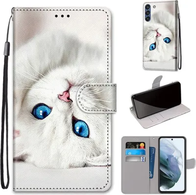 Produktbild von König Design Hülle kompatibel mit Samsung Galaxy S21 FE Kunstleder Handyhülle - Handy Case Weißes Kätzchen