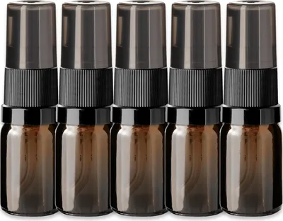 Produktbild von 5x Braune Glasflasche 10 ml mit schwarzer Pumpe und Kappe Nachfüllbar