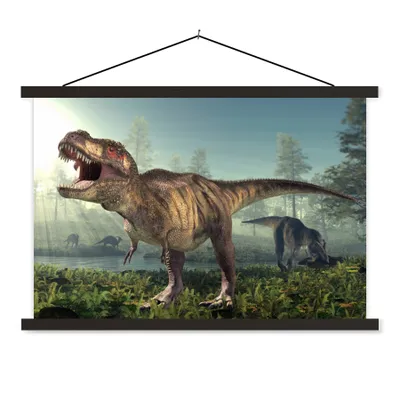 Produktbild von MuchoWow® Textilposter Dino - Gras - Zeichnung - Kinder - Jungen 90x60 cm mit schwarzem Rahmen - Aufhängungssatz