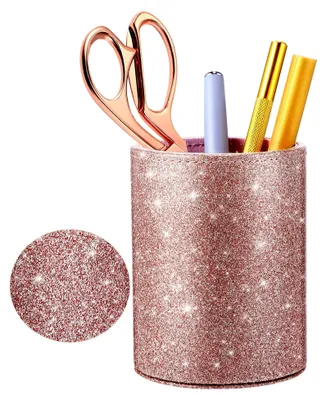 Produktbild von Glänzender Stifthalter aus Polyurethanin Roségold für Frauen und Mädchen, eleganter Make-up-Pinselhalter aus Kunstleder, Organizer für Schreibtisch, Büro, Klassenzimmer und Zuhause