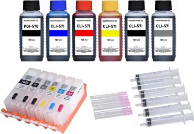 Produktbild von Wiederbefüllbares Tintenpatronen-Set wie Canon PGI-570 black + CLI-571 cyan, magenta, yellow, black, grey - 6 Patronen mit Auto-Reset-Chips + 6 x 100 ml Nachfülltinte für Canon Pixma MG7750, MG7751, MG7752, MG7753, TS8050, TS8051, TS8052, TS8053, TS9050, TS9055