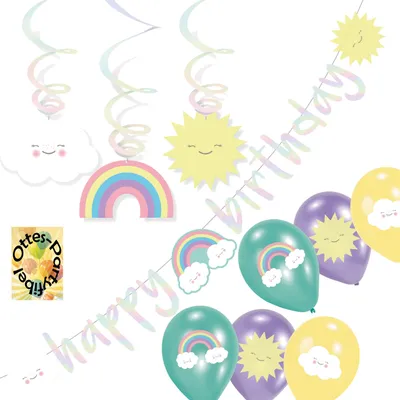 Produktbild von Rainbow-Regenbogen-Deko-Set #1 Partykette Happy Birthday Luftballons Dekospiralen