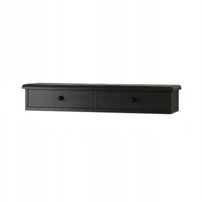A black wooden shelf with two drawers is shown against a white background.