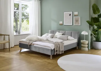 Produktbild von Meise Möbel Polsterbett Joker 180x200 cm | Doppelbett | Bettgestell | Kopfteil mit tiefem Einzug | Strukturstoff Grau | Holzfuß eichefarbig
