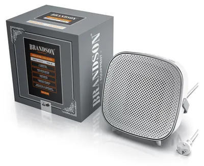 A product box and the heater are shown in a studio setting with a white background.