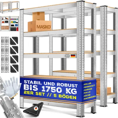 Image de MASKO® Lot de 2 étagères de rangement, étagères pour charges lourdes, étagères de cave, tablettes réglables, panneaux MDF, étagères métalliques, étagères à emboîter, étagères d'atelier, cave, garage
