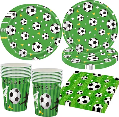 Productafbeelding van Voetbalfeestservies voor 16 gasten - Groen - Voetbalfeestborden - Feestdecoratie - Servies - Voetbal - Papieren borden