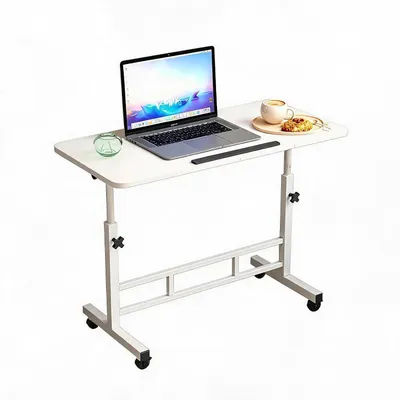 Zdjęcie produktu dla Biały Stolik Laptopowy Do Łóżka Z Regulacją Wysokości Biurko Do Pracy Na Siedząco I Stojąco Mobilne Biurko Stojące Biurka Na Kółkach 80 X 40 Cm