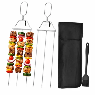 Produktbild von Edelstahl Grillspieße 3-Zinken BBQ Spieße mit Schiebemechanismus, wiederverwendbar, inkl. Tasche, für Fleisch & Gemüse Grillen