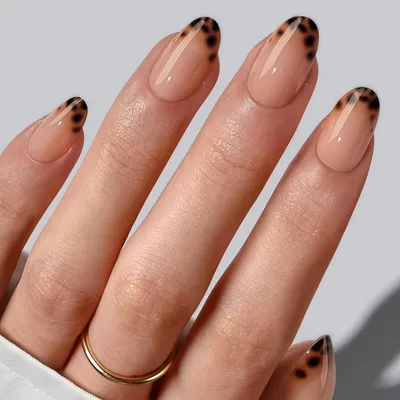 Immagine prodotto di Unghie finte corte, ovali, con motivo leopardato e manicure francese, confezione da 24 pezzi, colore marrone