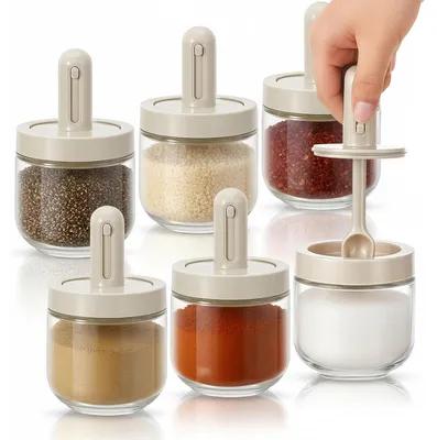 Produktbild von 6 Stück Gewürzgläser aus Glas mit einziehbarem Löffeldeckel, 300 ml, Gewürzglas, klare Gewürze, Salz, Pfeffer, Kaffeebar, Küche, Arbeitsplatte