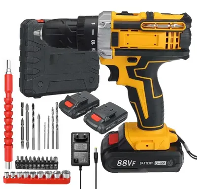 Immagine prodotto di Trapano avvitatore a batteria multifunzione, senza spazzole, con 18 velocità, alimentazione a batteria, 21V, batteria al litio inclusa, ideale per il fai-da-te, colore giallo