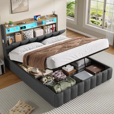 Image de KIMENICH Lit rembourré avec éclairage LED, 140 x 190 cm avec fonction de recharge, gris