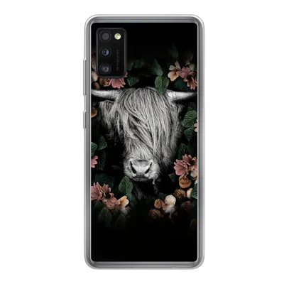 Produktbild von MuchoWow® Handyhülle Schutzhülle Hülle für Samsung Galaxy A41 Schottischer Highlander - Blumen - Rosa Silikon Softcase Handy Hülle - Mobiltelefon