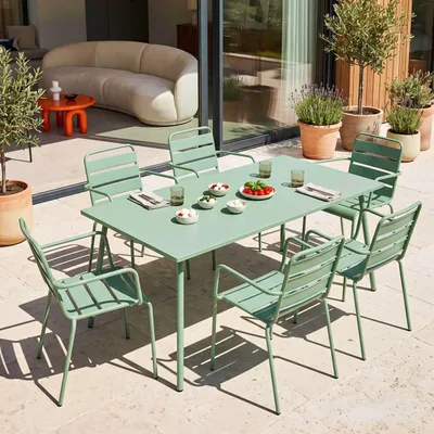 Image de Ensemble table de jardin et 6 fauteuils en métal vert sauge - Oviala Palavas