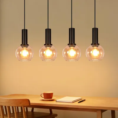 Image de Lampe suspendue ZMH pour table à manger, lampe suspendue en verre, lampe vintage à 4 ampoules, lampe de salle à manger suspendue, lampe rétro pour table à manger, hauteur réglable, douille E27