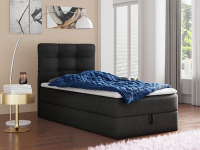 Boxspringbett Best Mini mit Bettkasten und Matratzentopper - Einzelbett mit Bonell-Matratze und Topper, Polsterbett, Bett, Schlafzimmer (Schwarz (Inari 100), 120 x 200 cm)