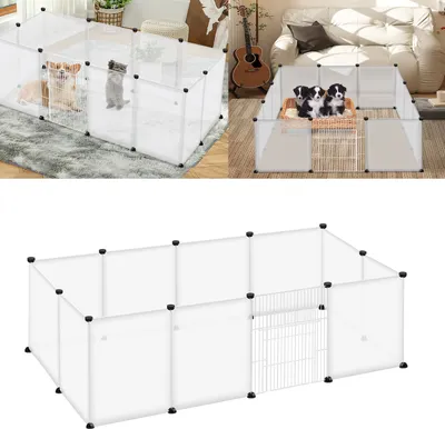 Collage of images showing a white modular pet playpen with a dog and a cat in one section, and puppies in another section. A separate image shows the playpen from a different angle.