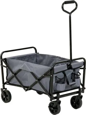 A gray folding wagon with a black frame and handle, shown against a white background.