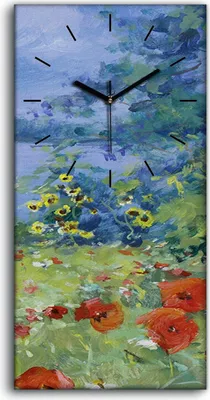 Produktbild von Küche Wohnzimmer Wand Leinwand Uhr 30x60 Malerei Wiese Blumen Wasser Natur - schwarze Hände