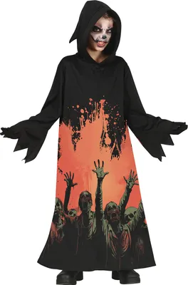 Produktbild von Zombie Halloween Gewand Kinderkostüm Kapuze Tunika Gruseloutfit Schrecken Dunkle Nächte Spuk Geisterwelt, Größe: 140/146 Farbe: Schwarz / Rot