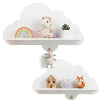 Immagine prodotto di COSTWAY - Set da 2 mensole da parete per bambini, mensola sospesa a forma di nuvola in legno massello, mensola da parete con ganci, libreria per bambini in stile Montessori, mensola sospesa bianca