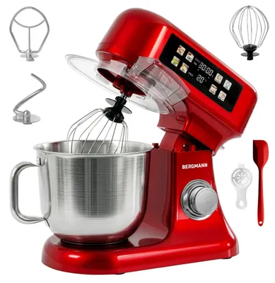Zdjęcie produktu dla Robot Planetarny BERGMANN TC001 Czerwony 3500W, Mikser Kuchenny 6L z 3 Końcówkami, Zabezpieczenie Przed Przegrzaniem, Płynna Regulacja, Podgrzewana Misa